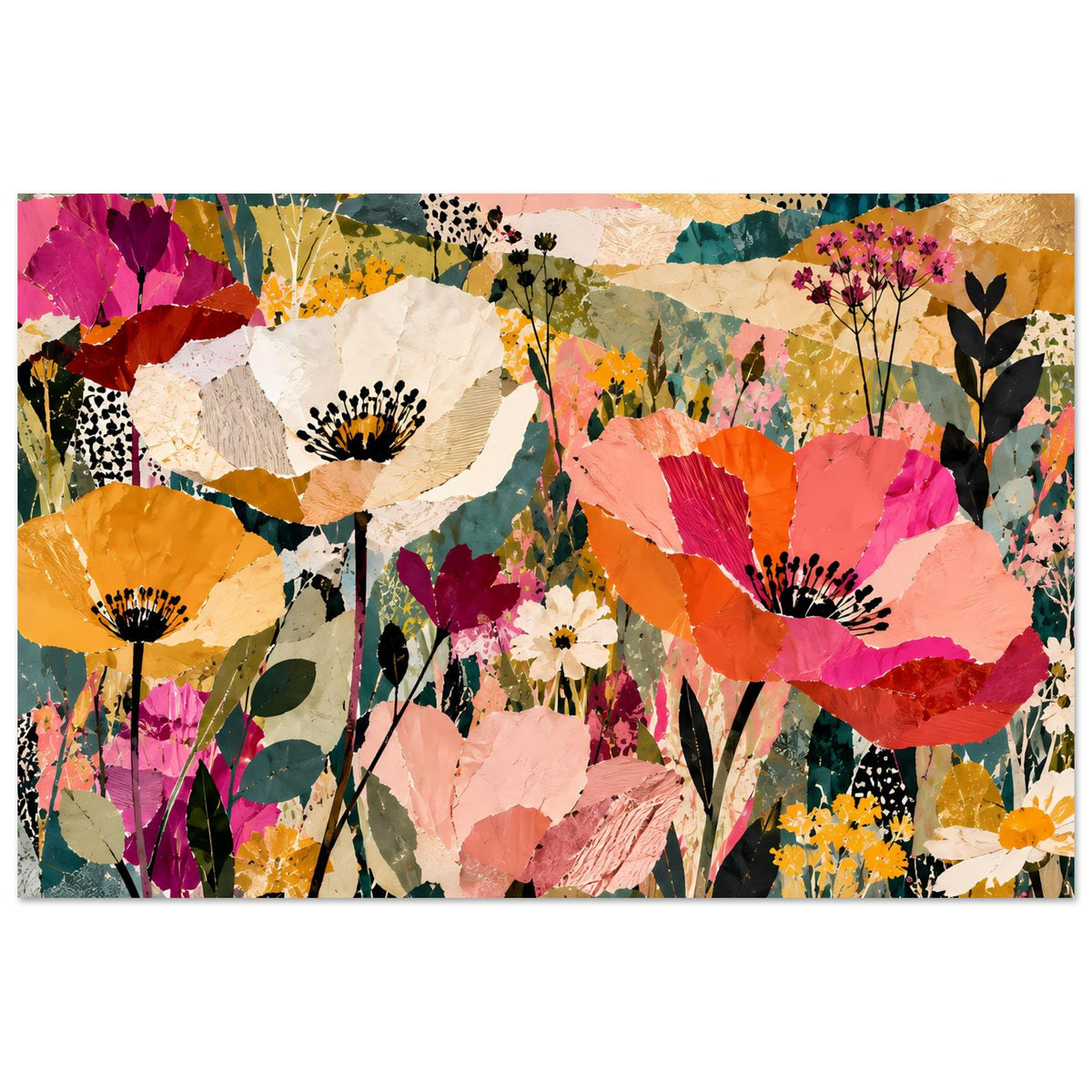 Buntes Querformat-Poster mit floraler Collage und stilisierten Blüten in leuchtenden Farben