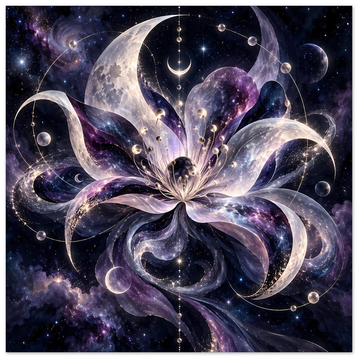 Kosmische Blüte mit Monden, Planeten und Sternen in violett-blauem Weltraum – Motivansicht 22
