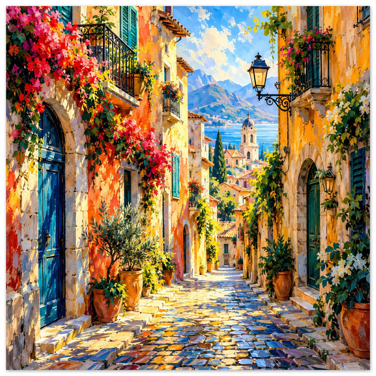 Mediterranes Gassen-Poster mit Laterne, bunten Häusern, Blumentöpfen und Kopfsteinpflaster