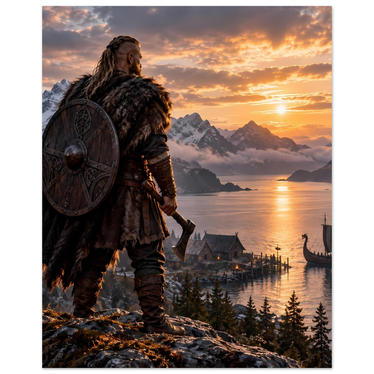 Wikinger-Poster im Hochformat: Krieger mit Rundschild und Fellumhang am Berghang zum Fjord
