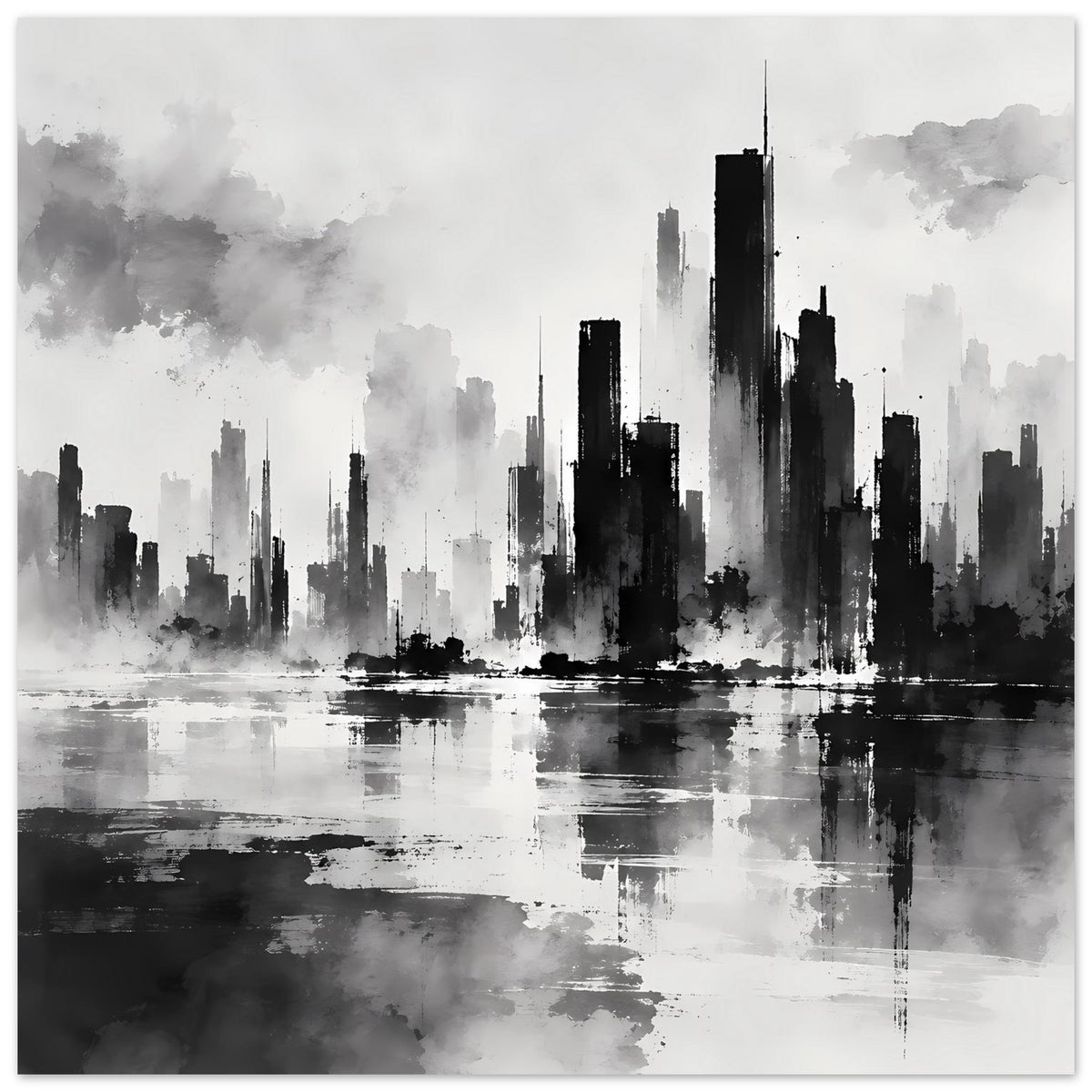 Schwarzweiß-Poster mit dramatischer Stadtsilhouette und Spiegelung im Wasser