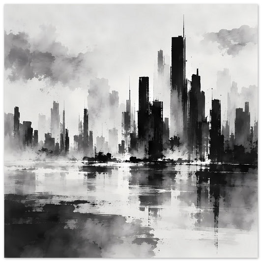 Schwarzweiß-Poster mit dramatischer Stadtsilhouette und Spiegelung im Wasser
