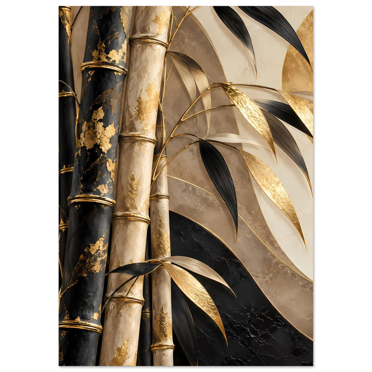 Bambusposter mit goldenen Bambusrohren und schwarzen Blattfedern, beige Hintergrundfläche