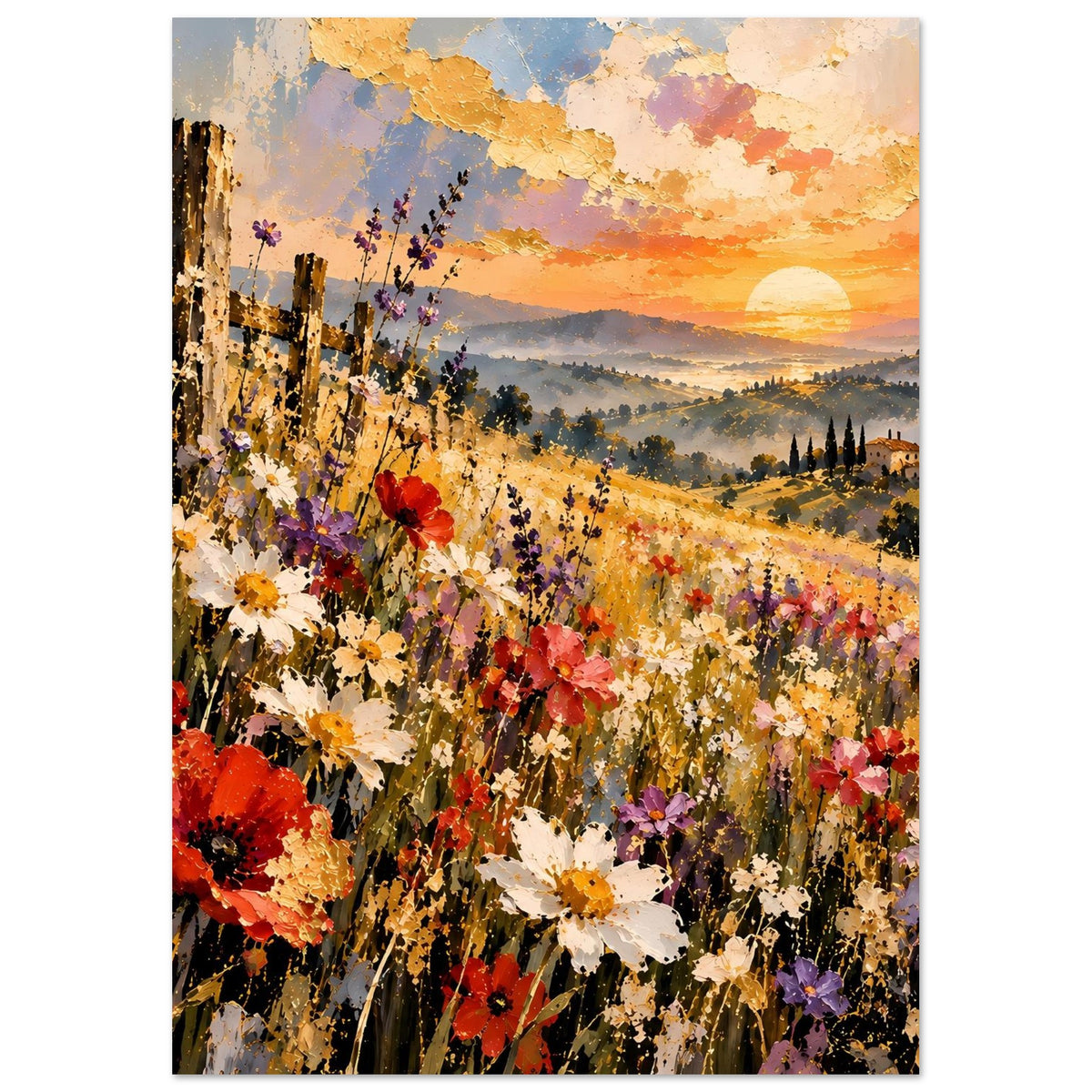 Landschaftsposter mit blühender Wiese, Mohnblumen im Vordergrund und Abendsonne am Horizont