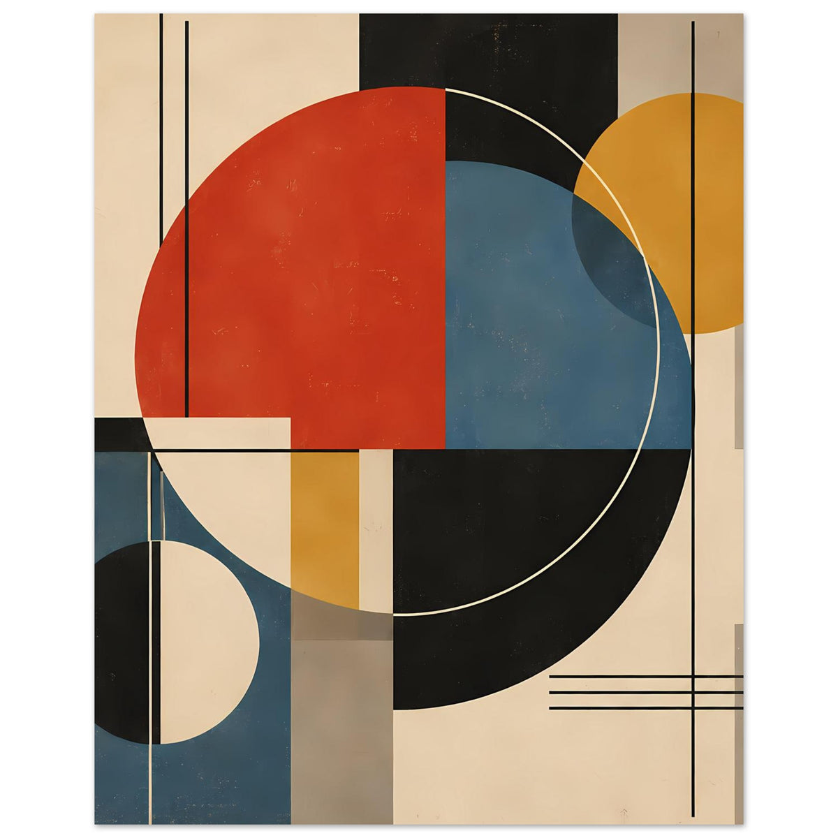 Kunstposter mit Kreisring und farbigen Rechteckflächen in Rot, Blau, Gelb, Schwarz und Beige