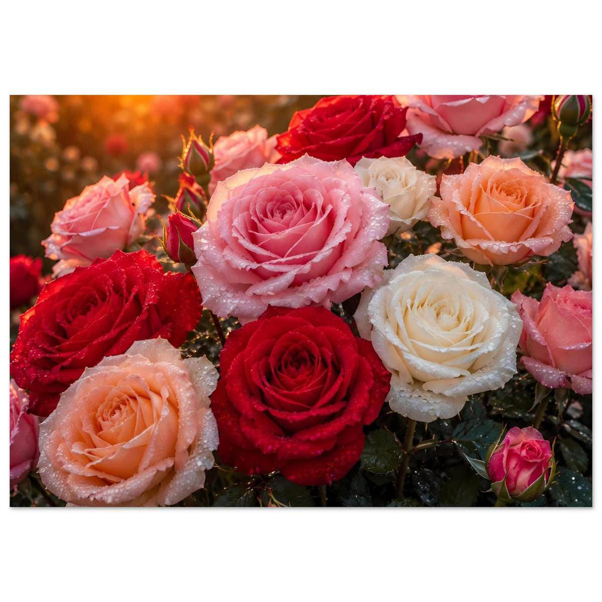 Poster mit nahen Rosen in Rosa, Rot, Weiß und Orange auf dunklem Blättergrund