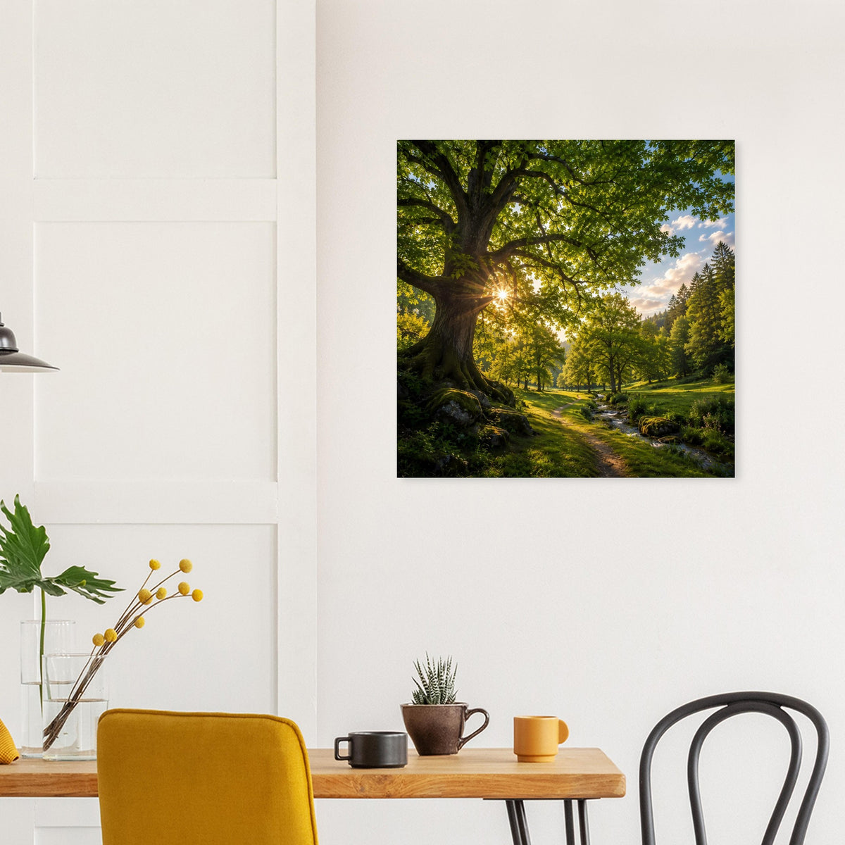 Waldlandschafts-Poster mit Sonnenaufgang im Wald, quadratisch, schwarzer Rahmen