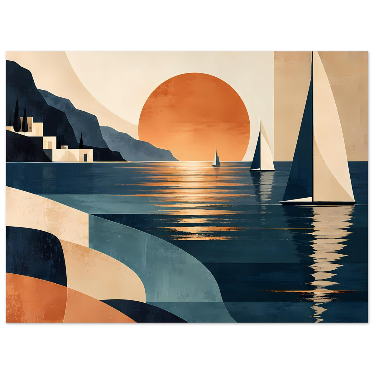 Landschaftsposter mit Abendsonne, Segelbooten und Wellenreflexen im Meer, Holzrahmen, Querformat