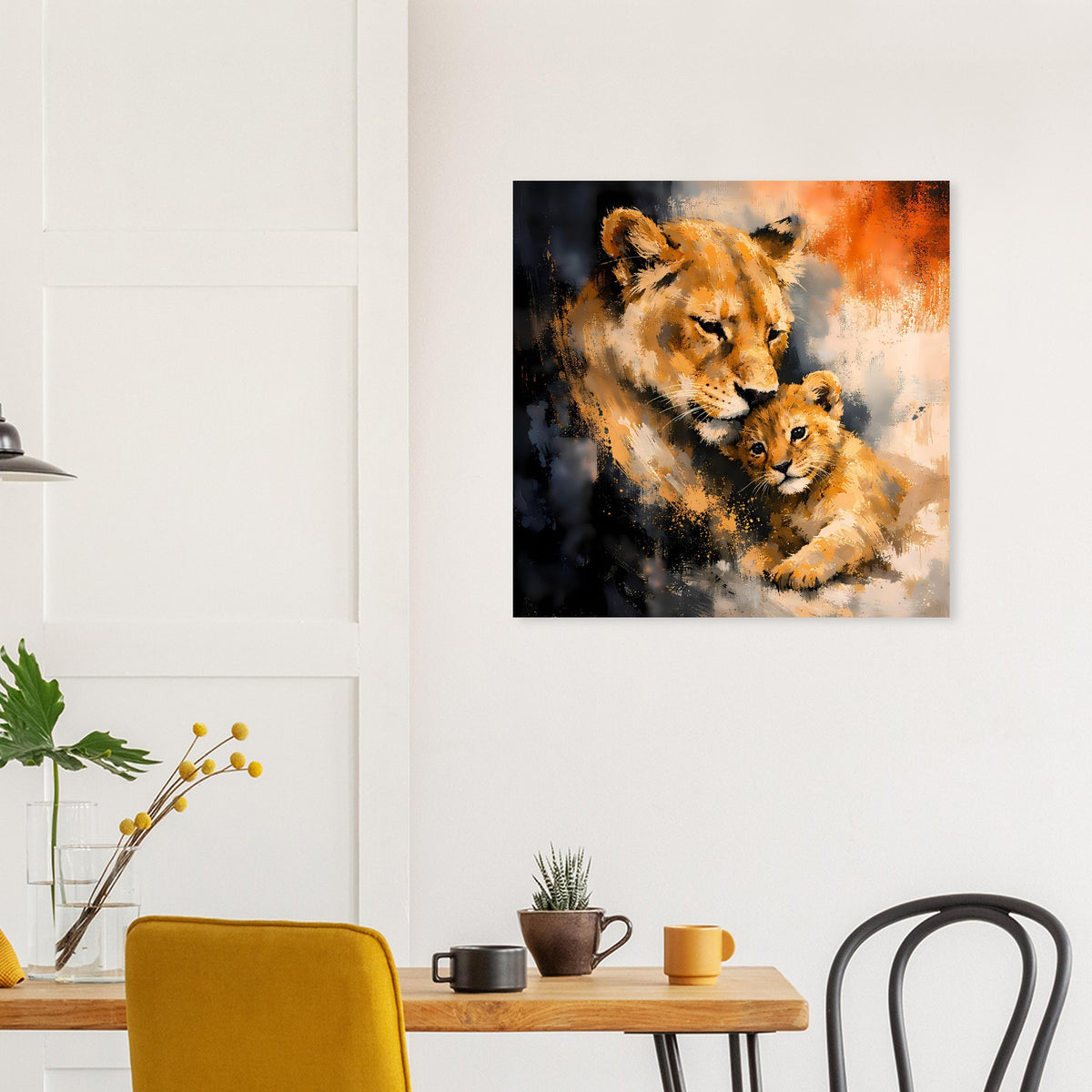Poster mit Löwin und Jungtier, orange Schimmer-Flecken, schwarzer Rahmen