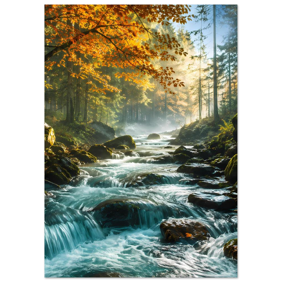 Wandposter Hochformat: Fluss zwischen Moosfelsen, schäumendes Wasser und goldene Baumkronen