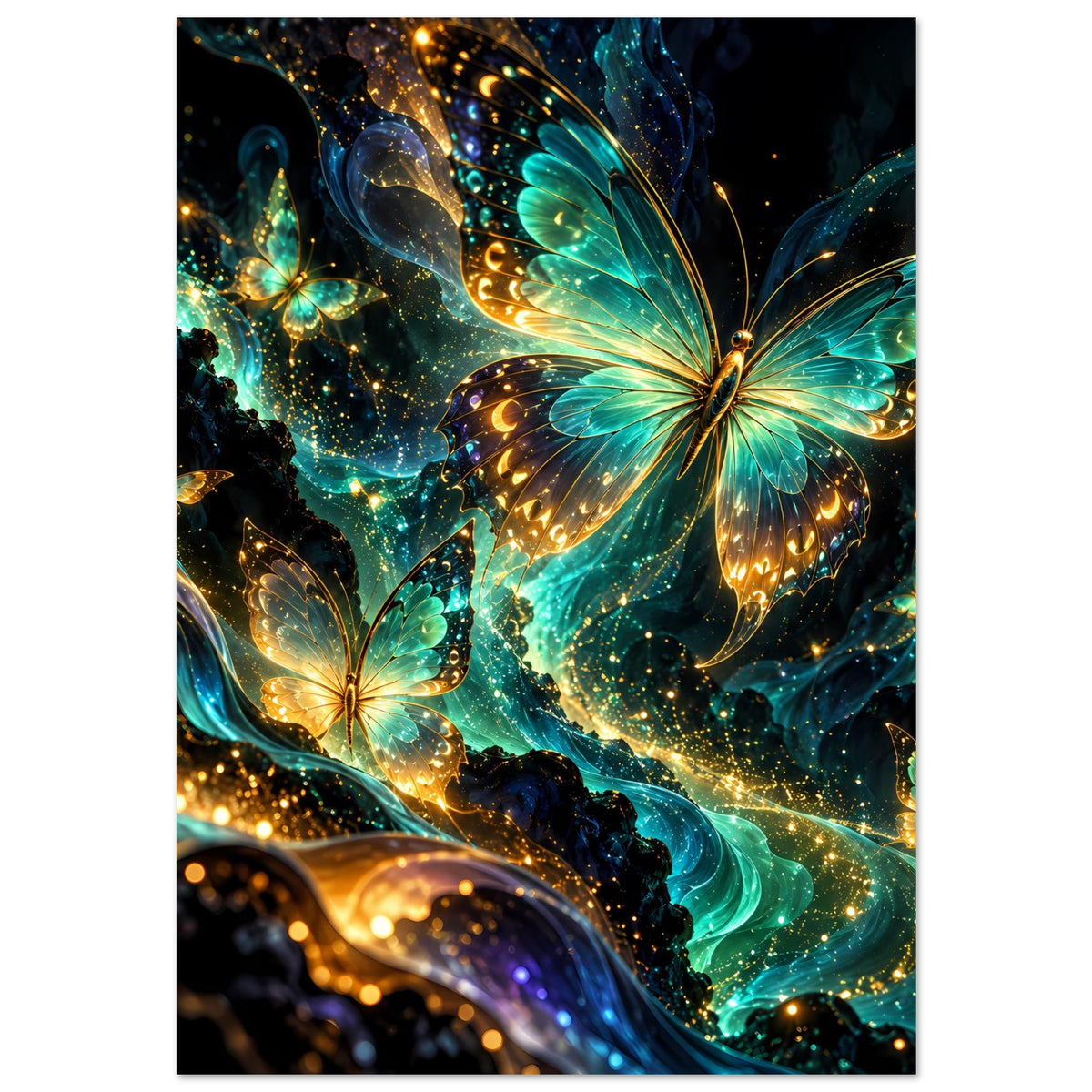 Poster mit mehreren Schmetterlingen, türkis-blauen Flügeln und warmen Gold-Lichtern