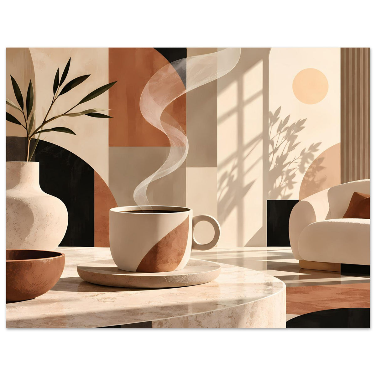 Wandposter Querformat mit warmer Erdtönen-Grafik: Kaffeetasse, Blattzweig, Schatten