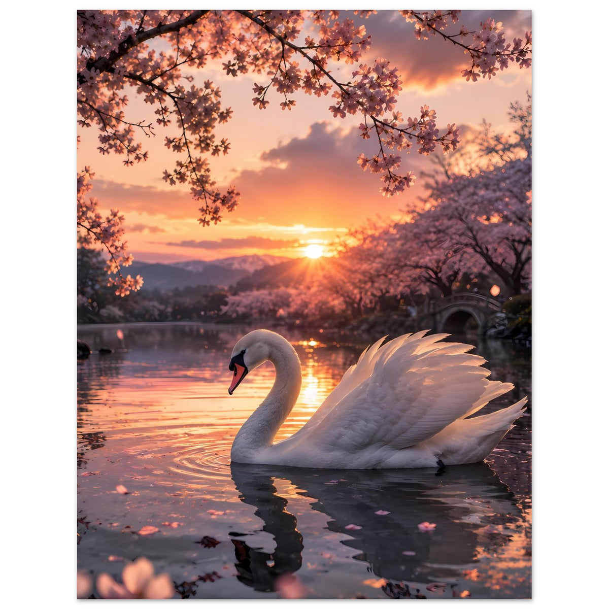 Schwanenmotiv-Poster (Hochformat): weißer Schwan im Vordergrund, Sonnenuntergang zwischen Blüten.