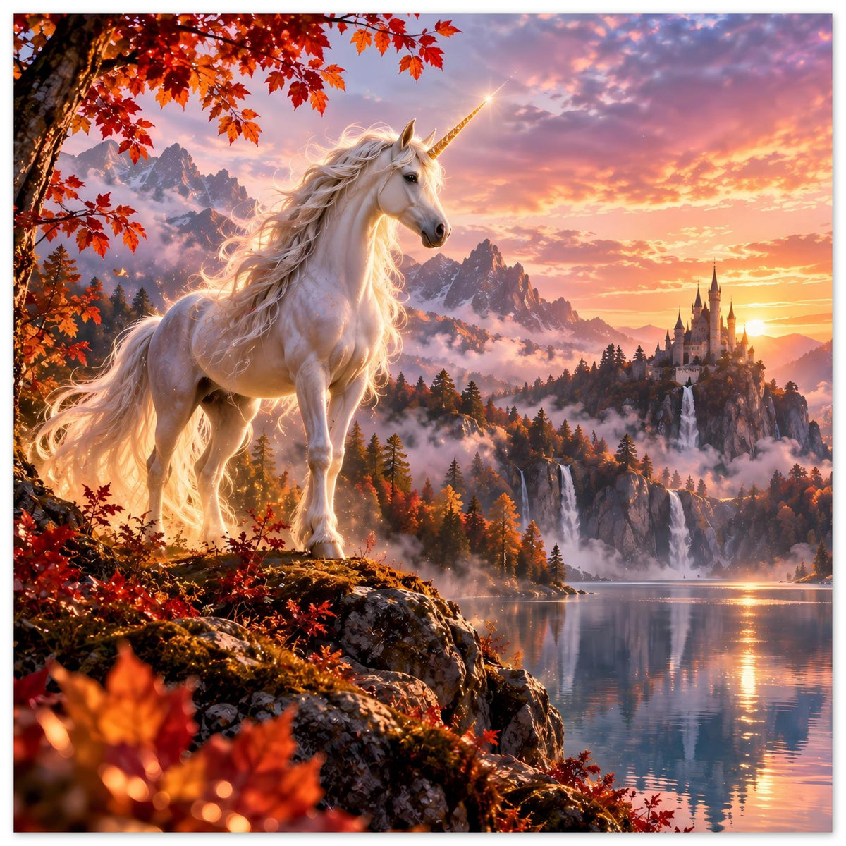 Einhorn-Fantasyposter (vertikal): weißes Einhorn mit goldener Mähne, Schloss am Seeufer