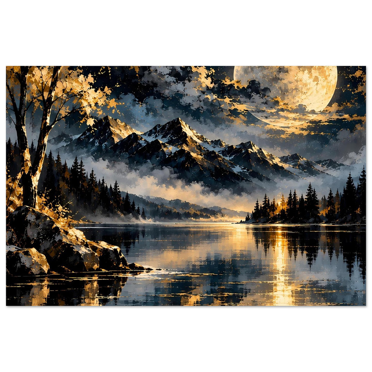 Landschaftsposter im Querformat mit Mond am Himmel, felsigem Ufer und See