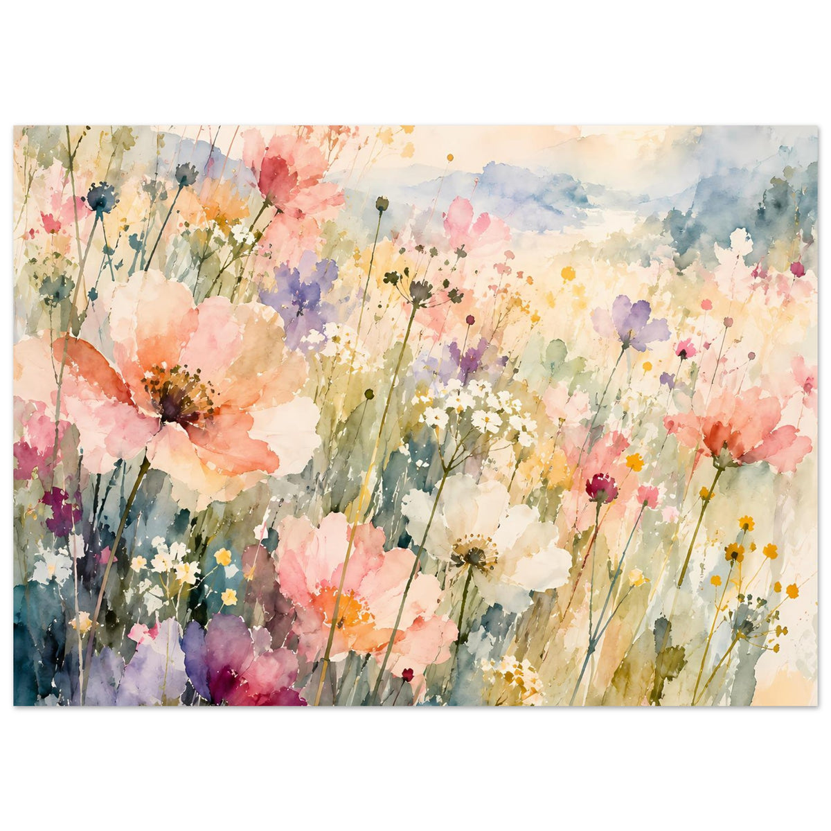 Aquarell-Poster mit Pastell-Wildblumen, Blütenmeer aus Rosa, Blau und Gelb, horizontal