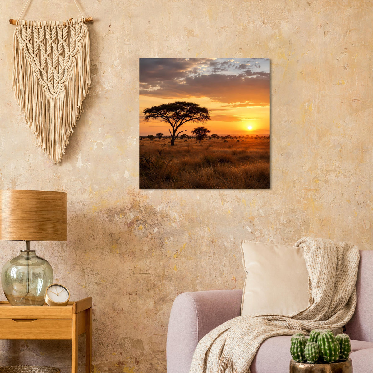 Quadratisches Poster mit Savannenlandschaft, Akazienbaum-Silhouette im Sonnenuntergang