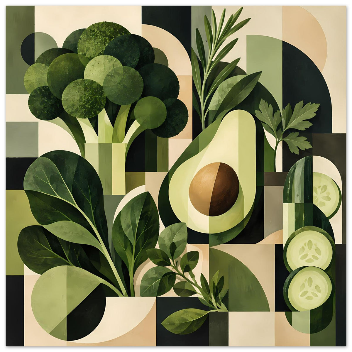 Geometrisches Poster mit grüner Gemüseillustration und Avocado, inklusive Gurkenscheiben