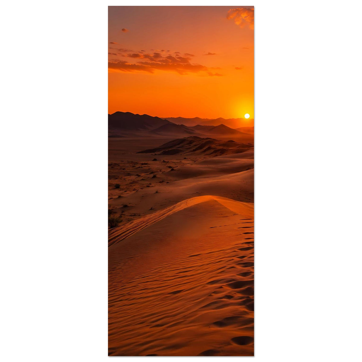 Poster im Hochformat: Wüstenlandschaft mit orangefarbenem Himmel, Sonne und Dünen