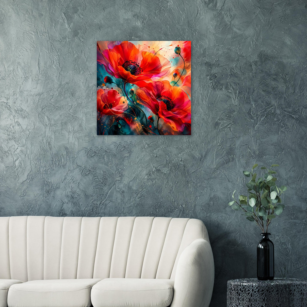 Blumen-Kunstposter mit roten Blüten, türkisblauen Akzenten und abstrakten Sprenkeln