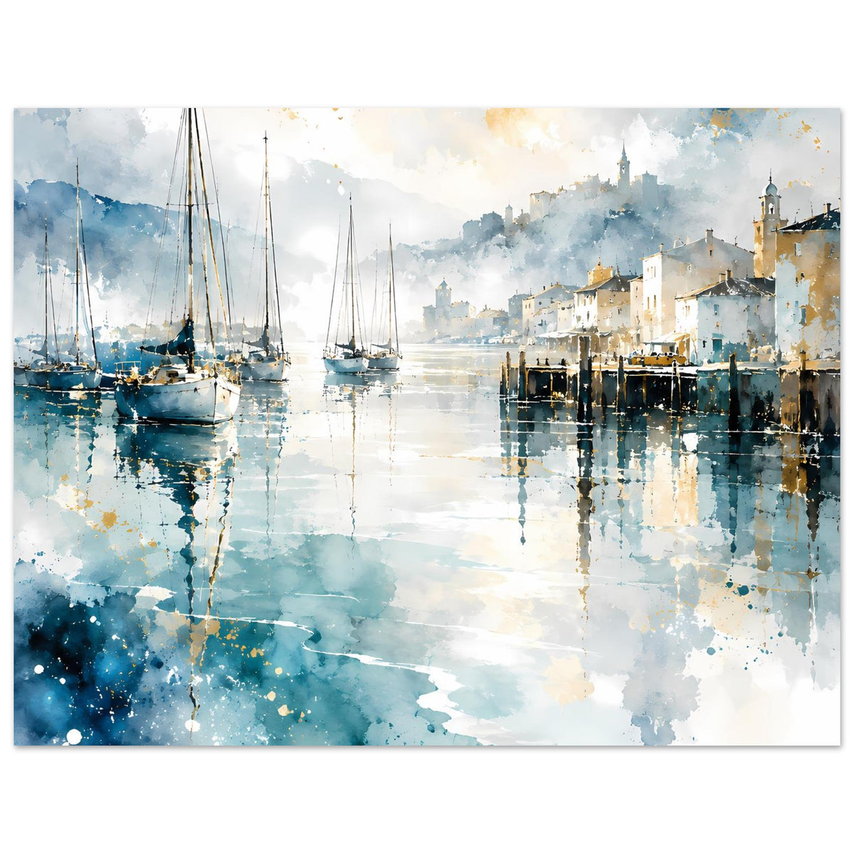 Aquarell-Poster mit Segelschiffen und spiegelndem Hafenwasser in Blau-Grautönen