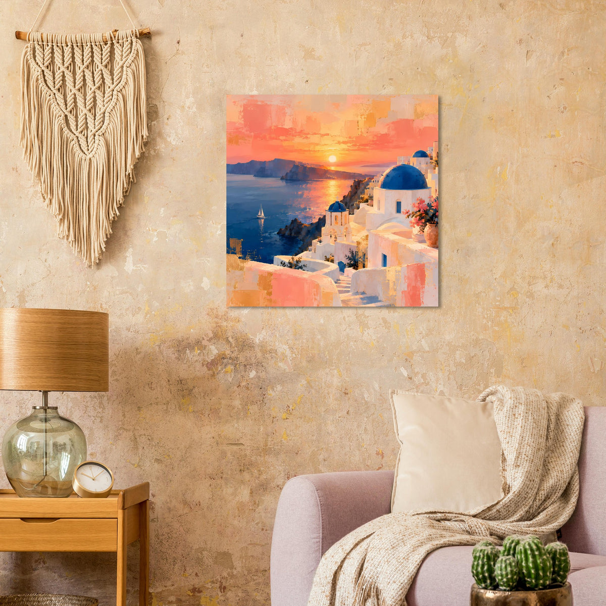 Quadratisches Poster: Küstenblick mit Sonnenrot am Horizont, weißen Häusern und blauer Kuppel