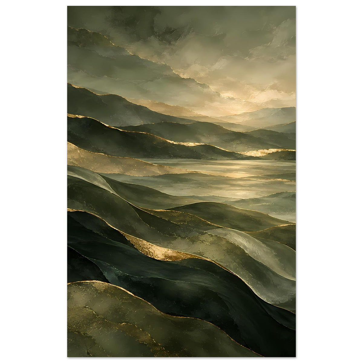 Vertikales Landschaftsposter mit mehrschichtigen Bergen in Grün und Gold, ruhiger Himmel