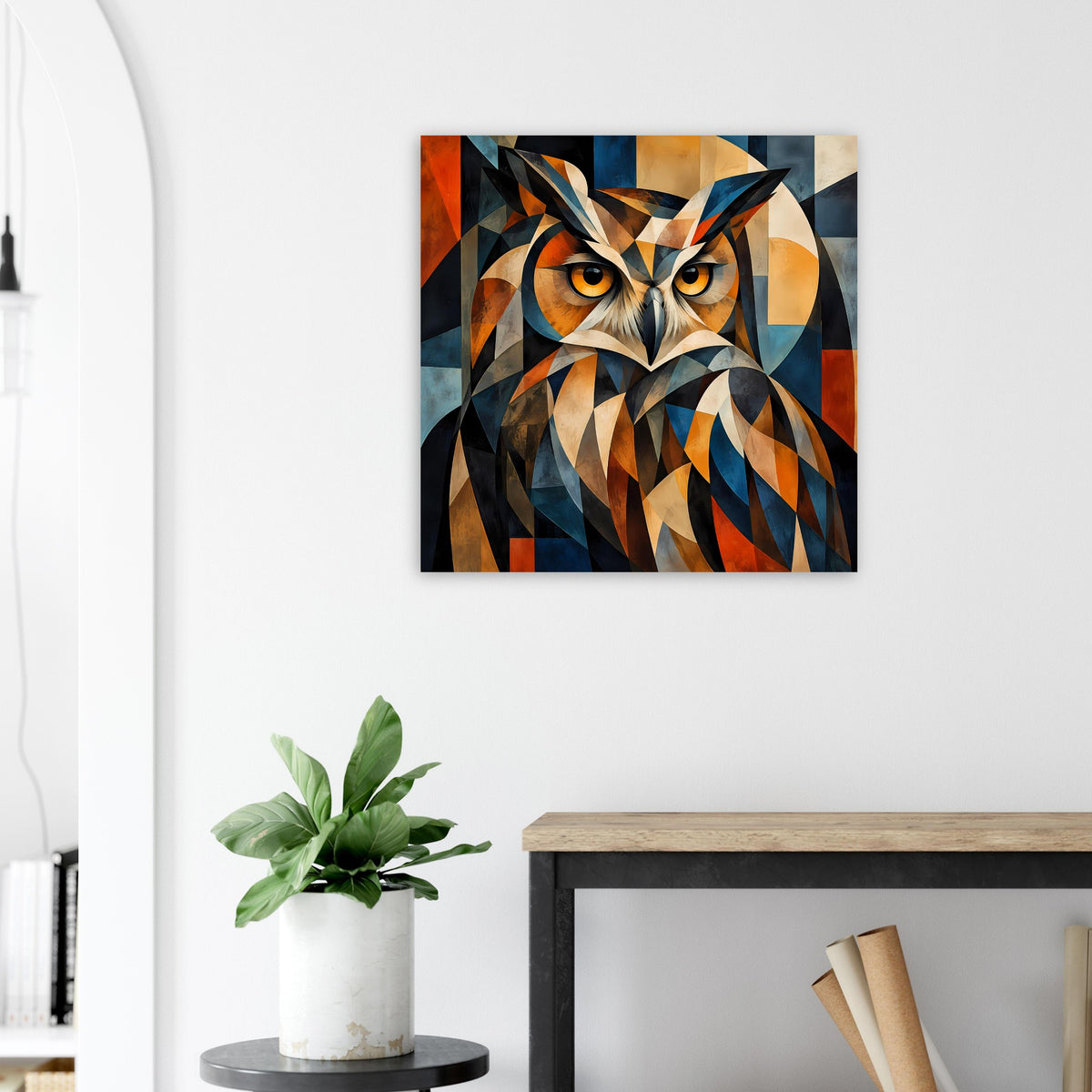 Abstraktes Eulenposter, Augen im Fokus, geometrische Farbflächen in Blau, Orange und Schwarz