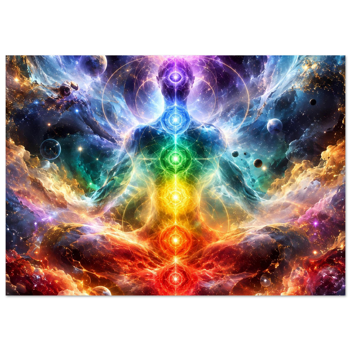 Meditationsposter mit Chakra-Energiefluss-Motiv, bunten Lichtströmen und Sternen im All