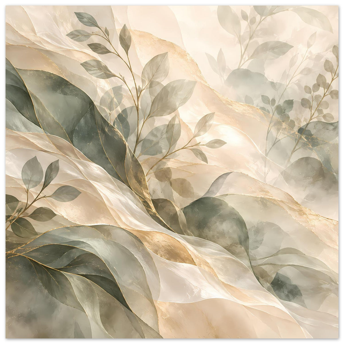 Rahmenkunstposter mit Blattornamenten in Salbeigrün und Creme, goldene Highlights