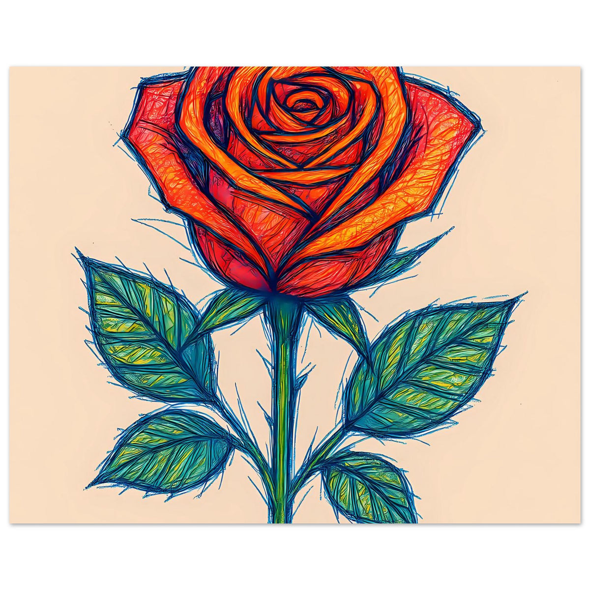 Poster im Nahbereich: rote Rosenblüte mit grünen Blättern im Skizzenstil