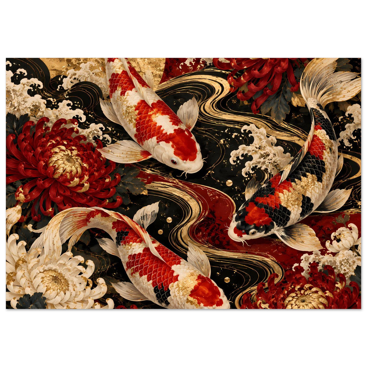 Koi-Karpfen-Poster mit Blumenmotiv in Rot, Gold und Creme, horizontales Layout