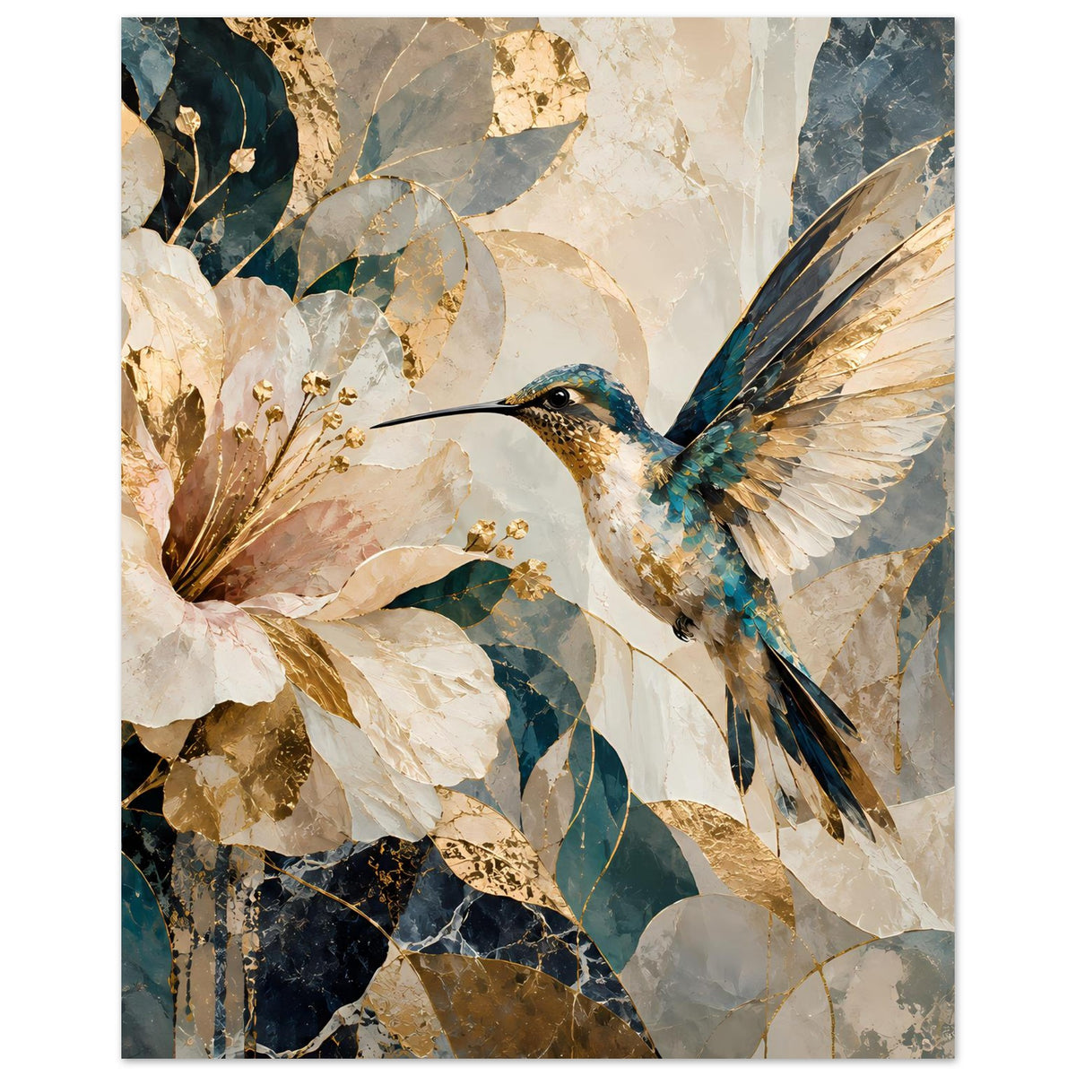 Wandposter mit Kolibri rechts und großen Blüten links, goldene und türkisfarbene Details