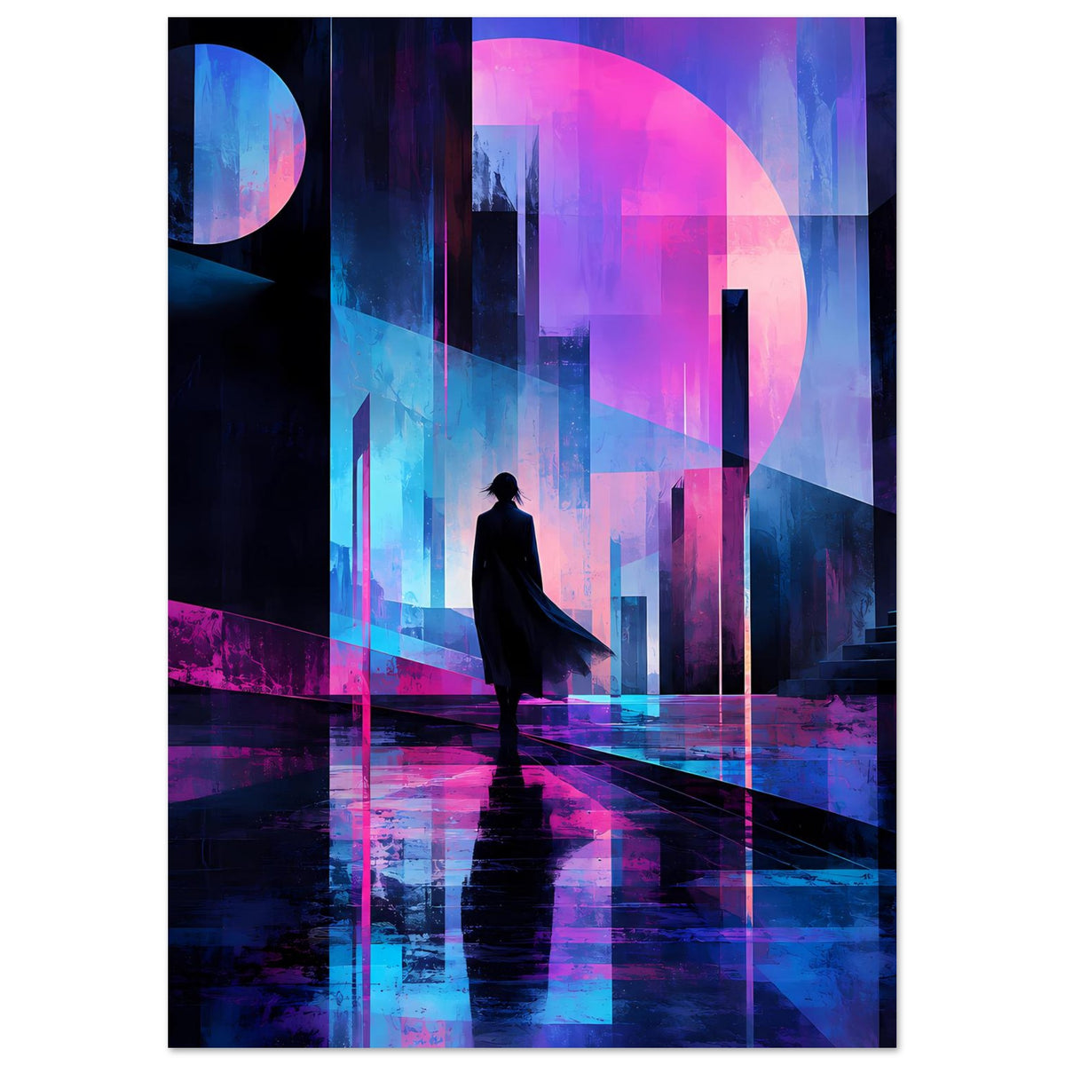 Neon-Nachtlandschaft-Poster, vertikales Motiv: dunkle Person im Lichtkorridor, blaue und rosa Neonfarben.