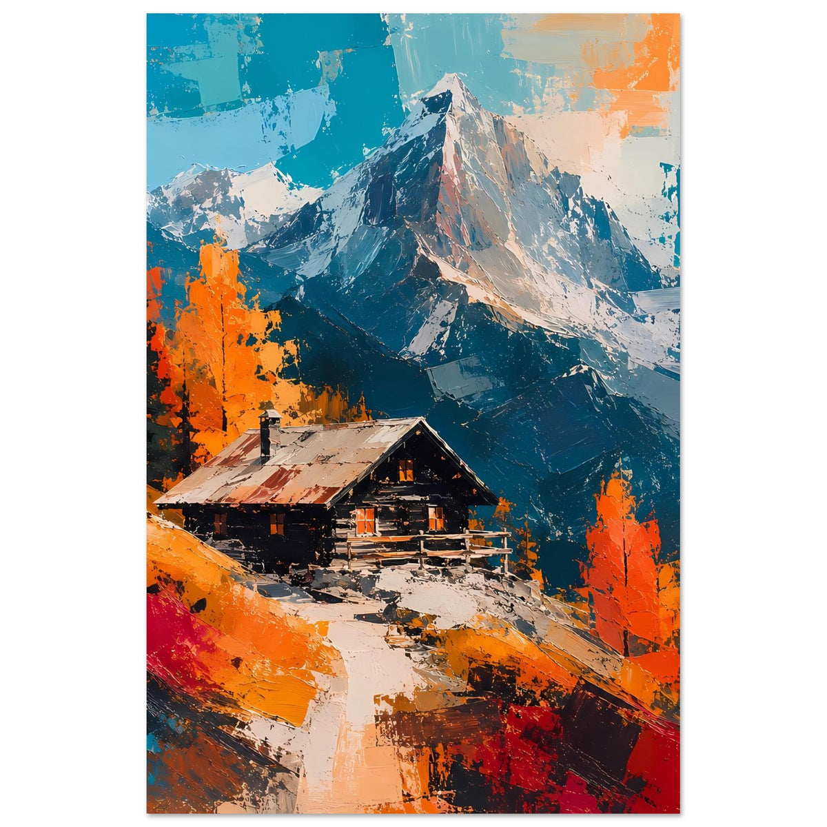 Poster mit Alpenhütte, Schneeflächen und Farbstrichen in Blau, Orange und Rot