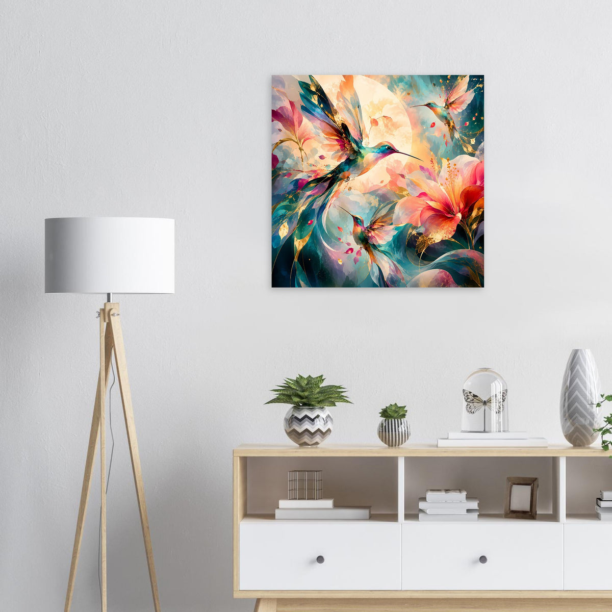 Quadratisches Kunstposter mit farbenfrohem Kolibri und Blumen-Motiven im Aquarellstil