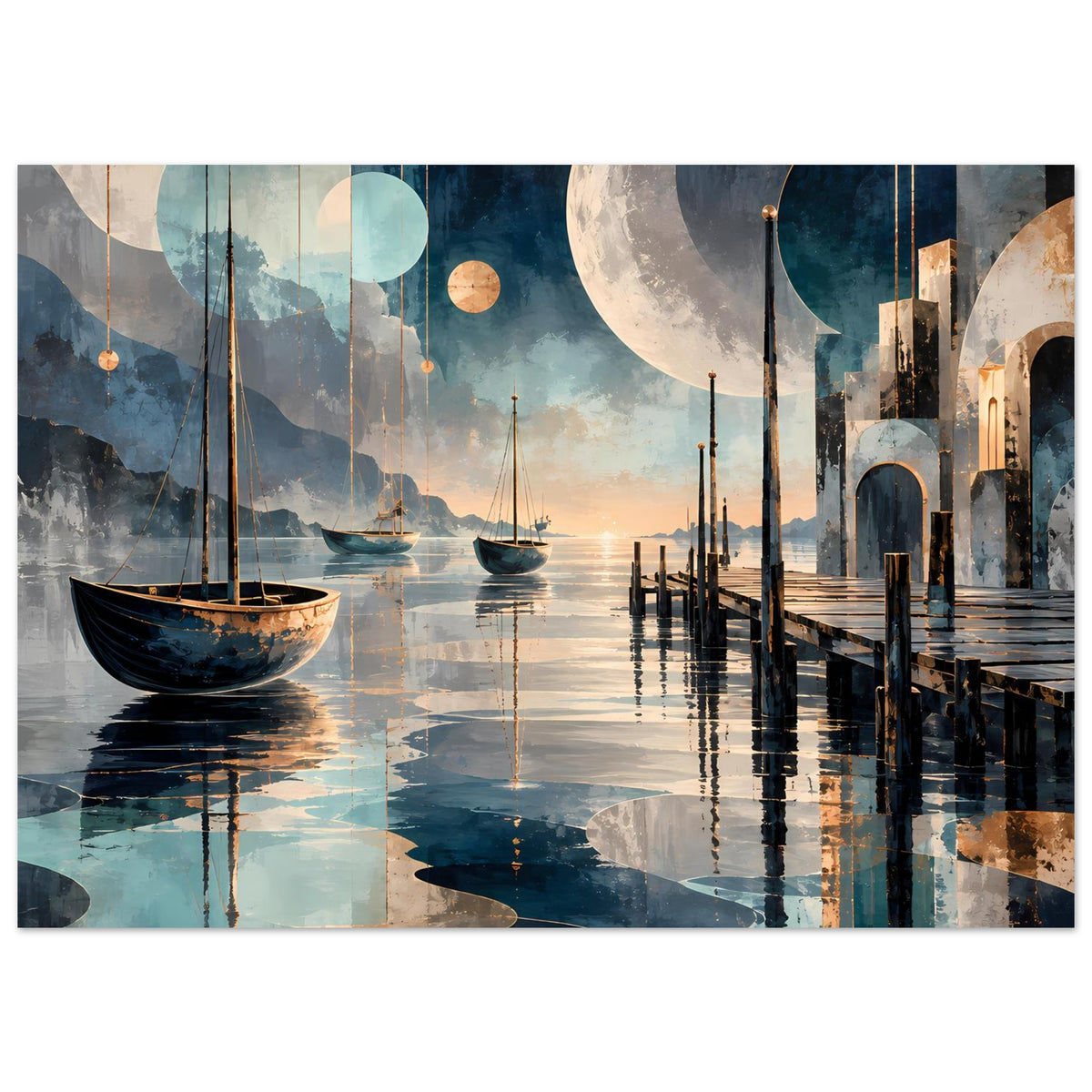 Maritimes Nachtposter mit Boot am Hafensteg, ruhigem Wasser, abstrakten Monden in Blau