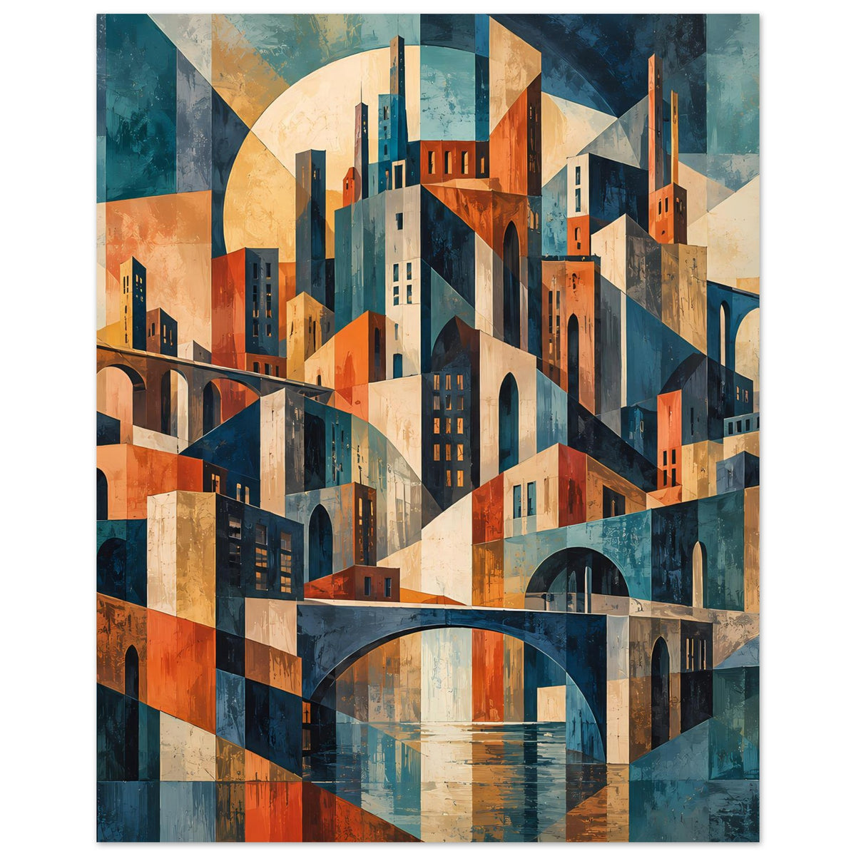 Geometrisches Stadtpanorama-Poster mit Fluss und Bogenbrücke, Häusern in Blau und Orange