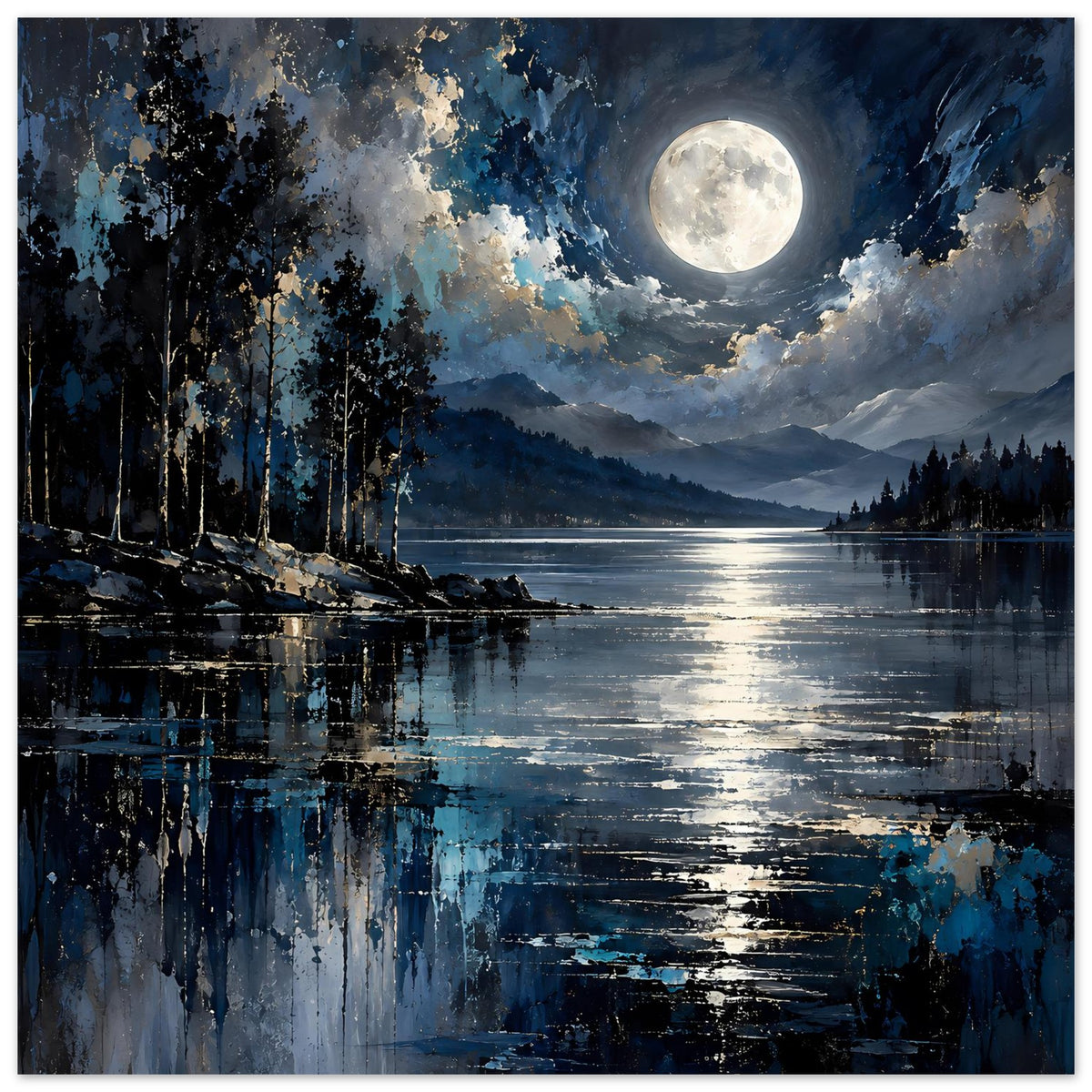 Landschaftsposter mit Vollmond über See, Bergkette, Bäume und Spiegelungen
