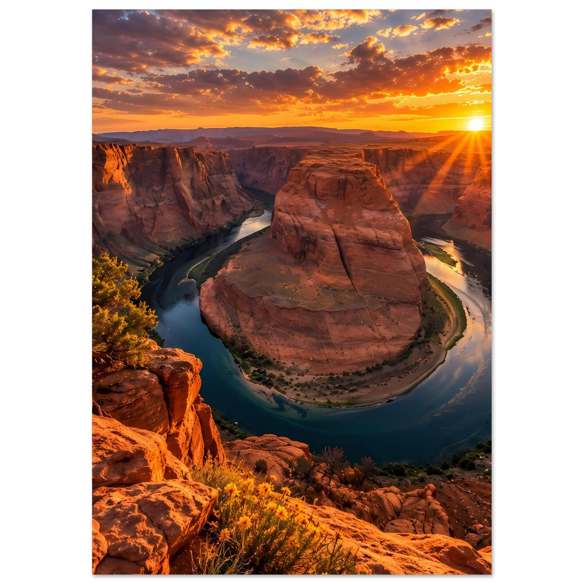 Poster im Hochformat: Canyonlandschaft mit Fluss und rötlichen Felsen bei Sonnenuntergang
