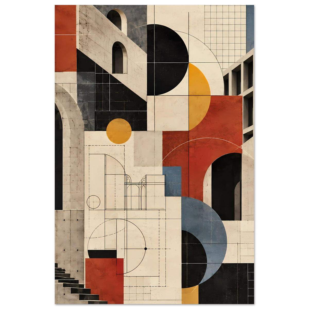 Rechteckiges Kunstposter, vertikaler Zuschnitt: geometrische Architektur in Schieferblau und Terrakotta
