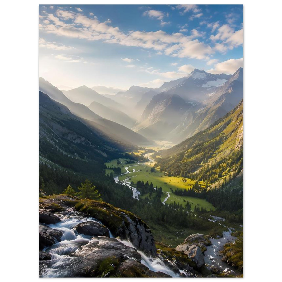 Poster im Hochformat: weites Alpental mit Fluss, Wiesen und Bergen bei Tageslicht
