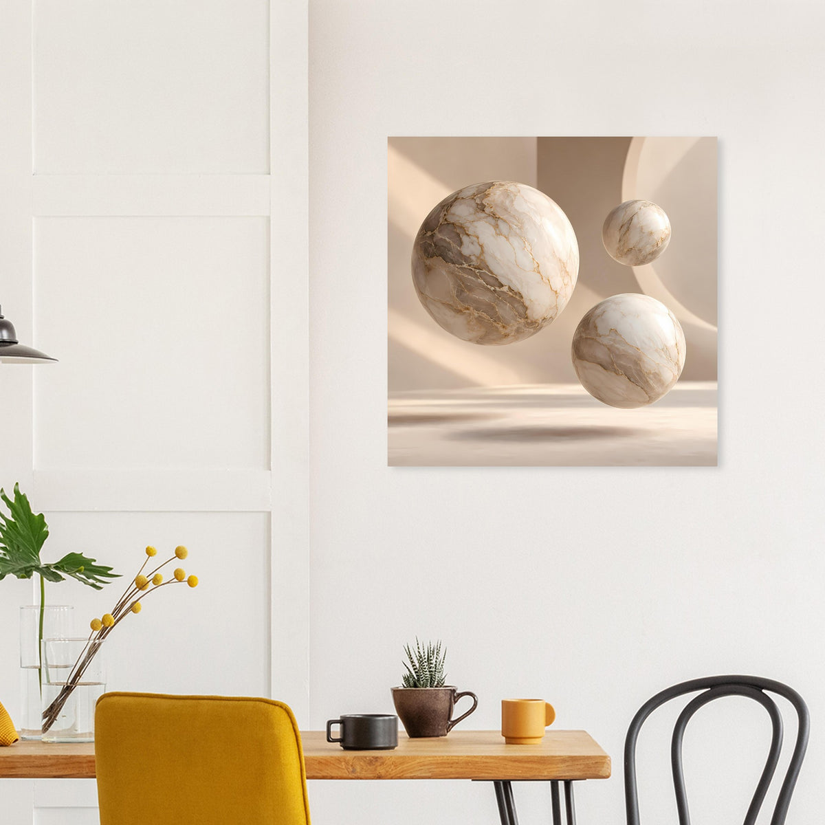 Wandposter mit drei Marmorkugeln, beige-weiß marmoriert und goldenen Linien