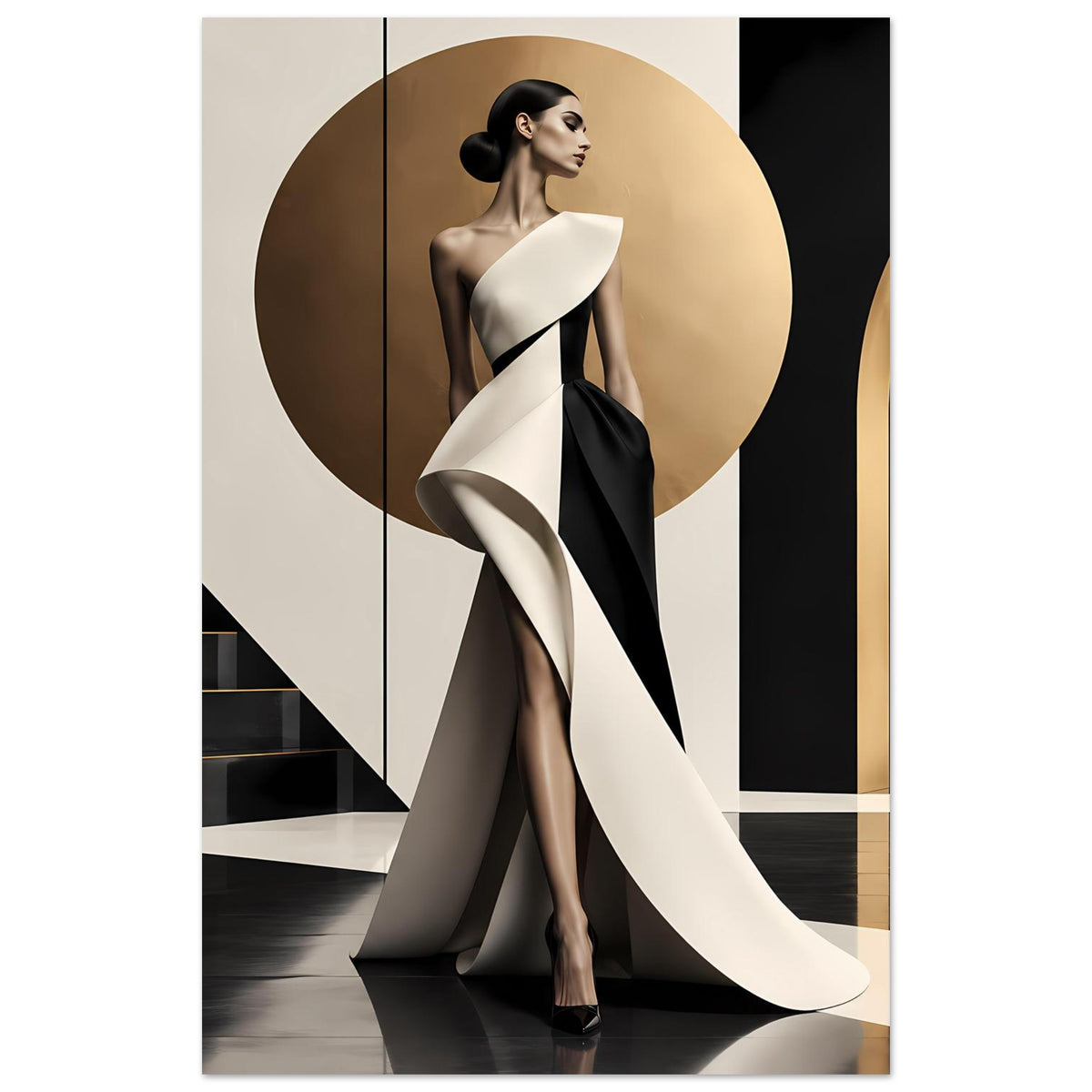 Hochformat-Poster: Frau im eleganten Kleid, weißes Gewand und schwarzer Akzent, beiger Kreis