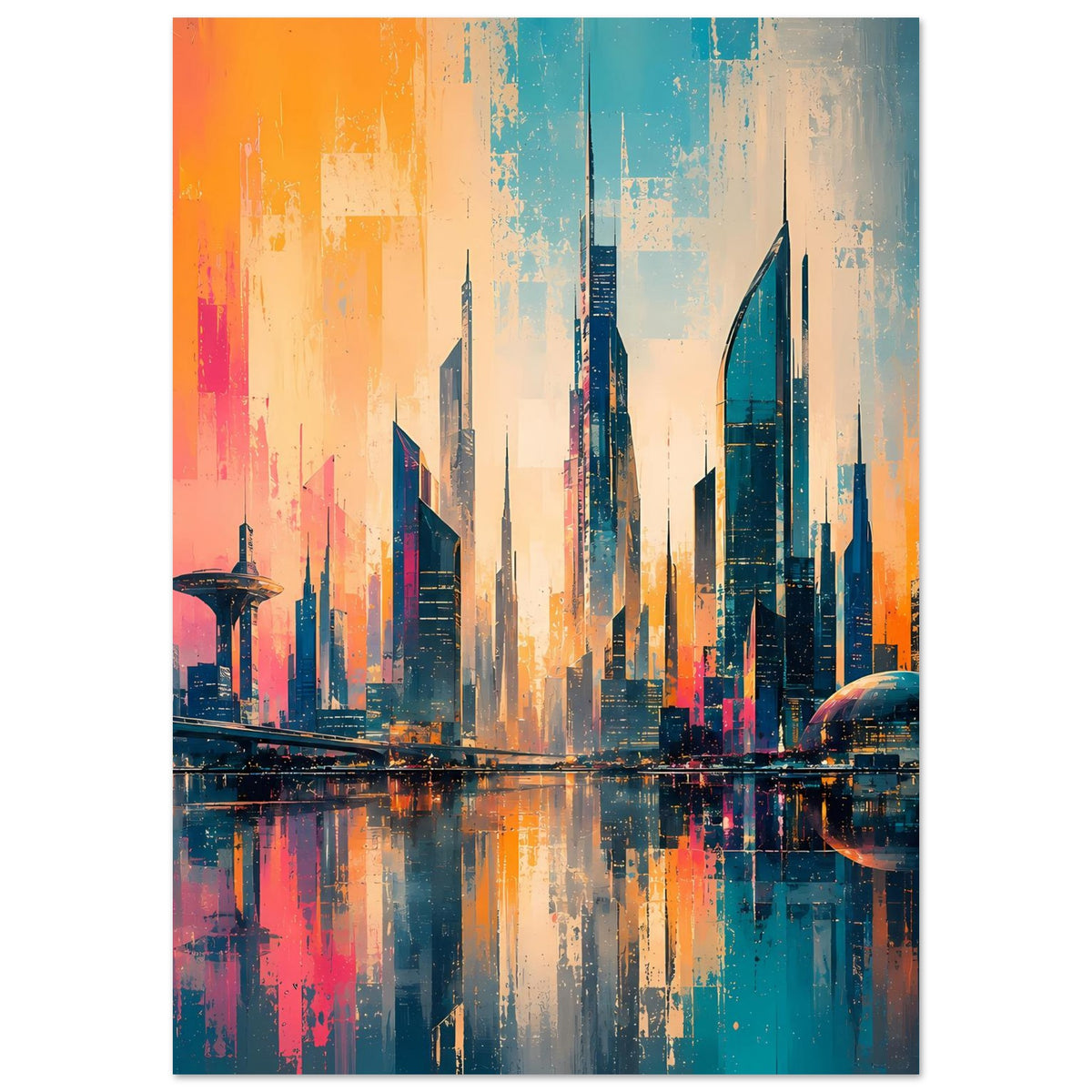 Hochformat-Stadtpanorama-Poster mit Hochhäusern und Kuppelbau, kräftige Sunset-Farben, reflektiertes Wasser.