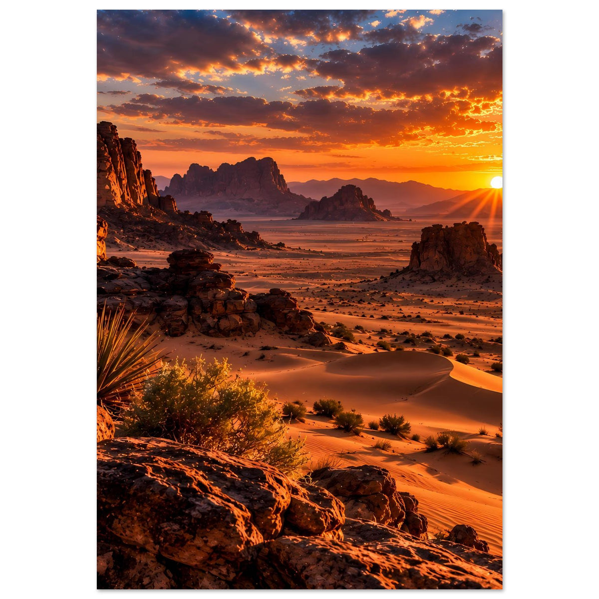 Vertikales Poster mit Wüste bei Sonnenuntergang: Sanddünen, Sträucher und Felsen