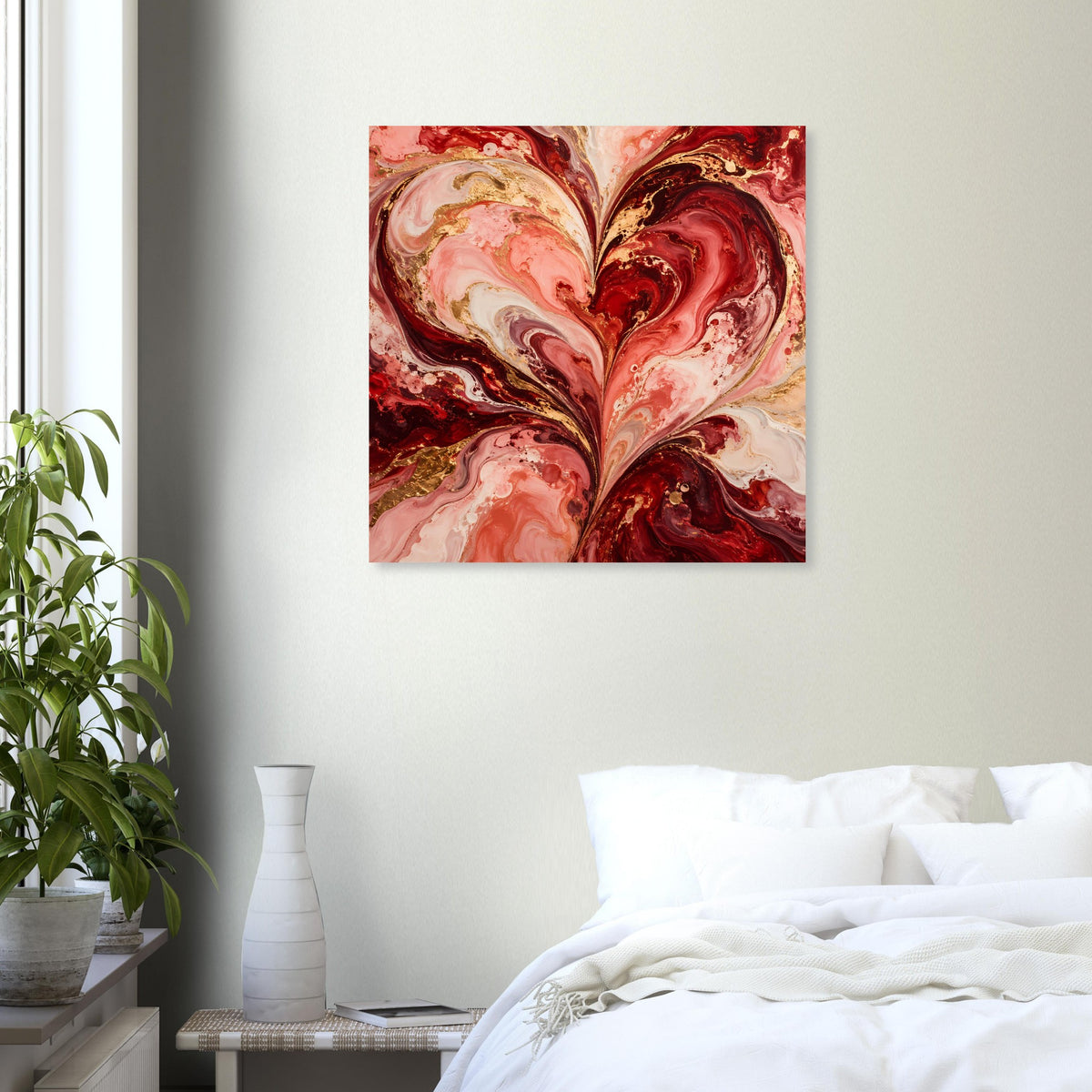 Wandposter mit abstraktem Herz in Rot, Rosa und Gold, gemischte Farblinien