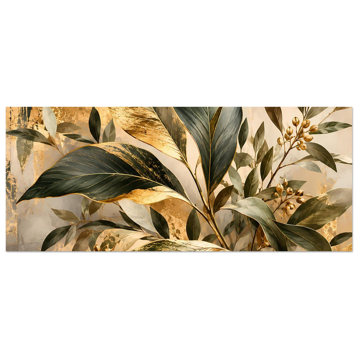 Botanisches Poster im Querformat: goldene Blätter und Blütenzweige vor hellen Farbtönen