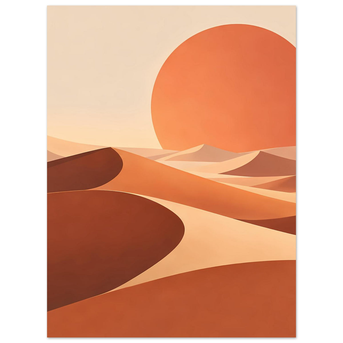 Abstraktes Wandposter im Hochformat mit orangefarbener Sonne und geometrischen Dünen