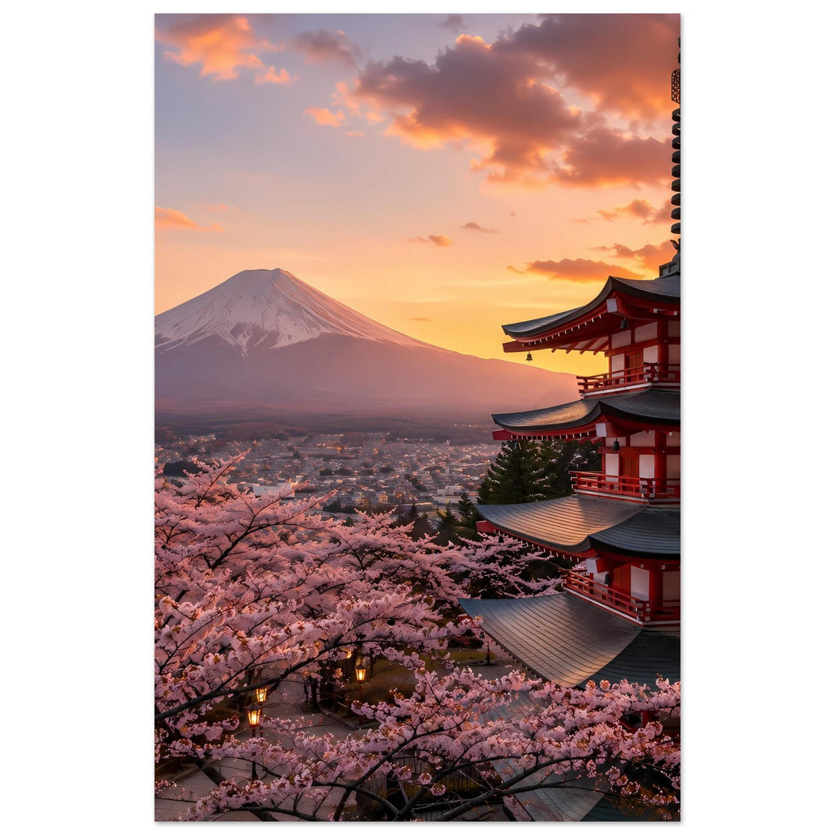 Vertikales Poster mit Mount Fuji, Pagode rechts und Kirschblüten im Vordergrund